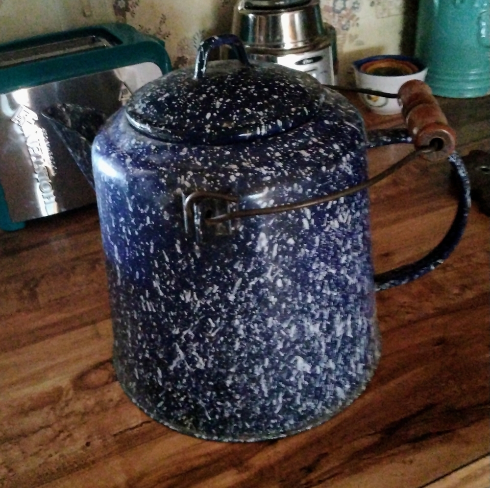 Vintage Rare Big Blue Spatter Enamelware Coffee Pot